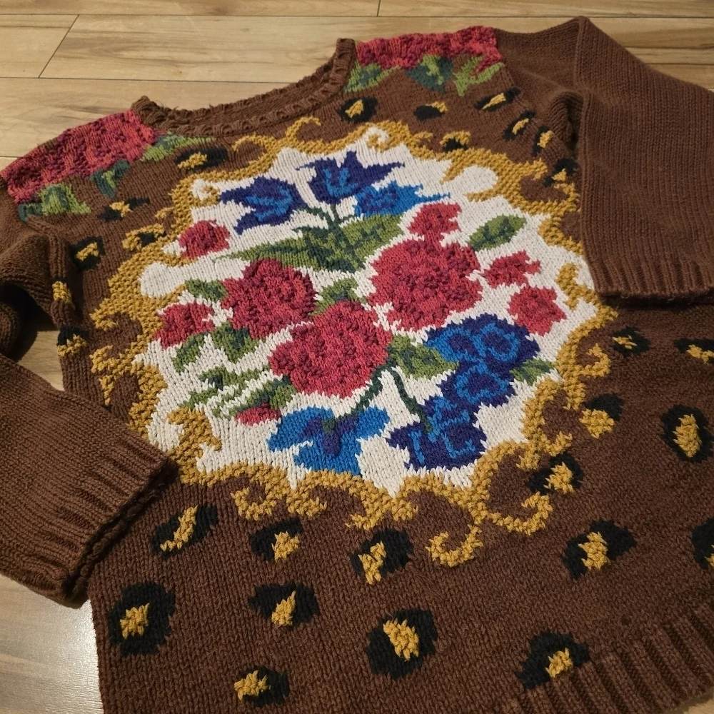 Vintage Floral Leopard Intarsia Knit Sweater Brown Red Cottagecore Grandmacore M - Picture 6 of 11